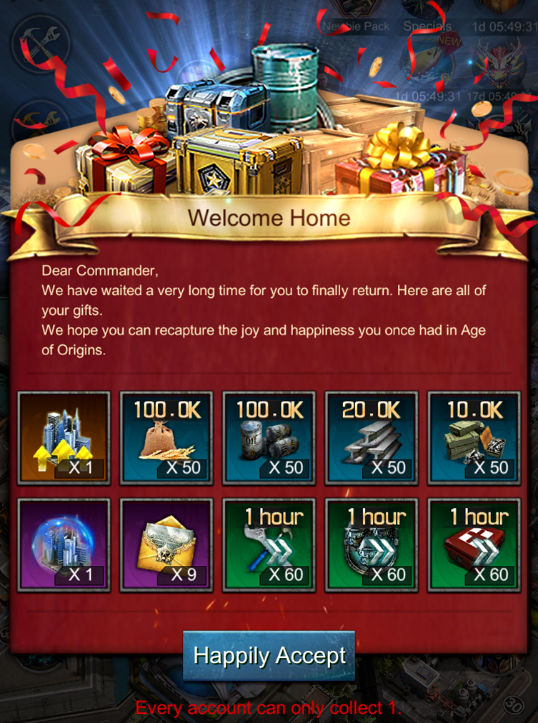 Age of Origins - Free Items - Welcome Home Gift